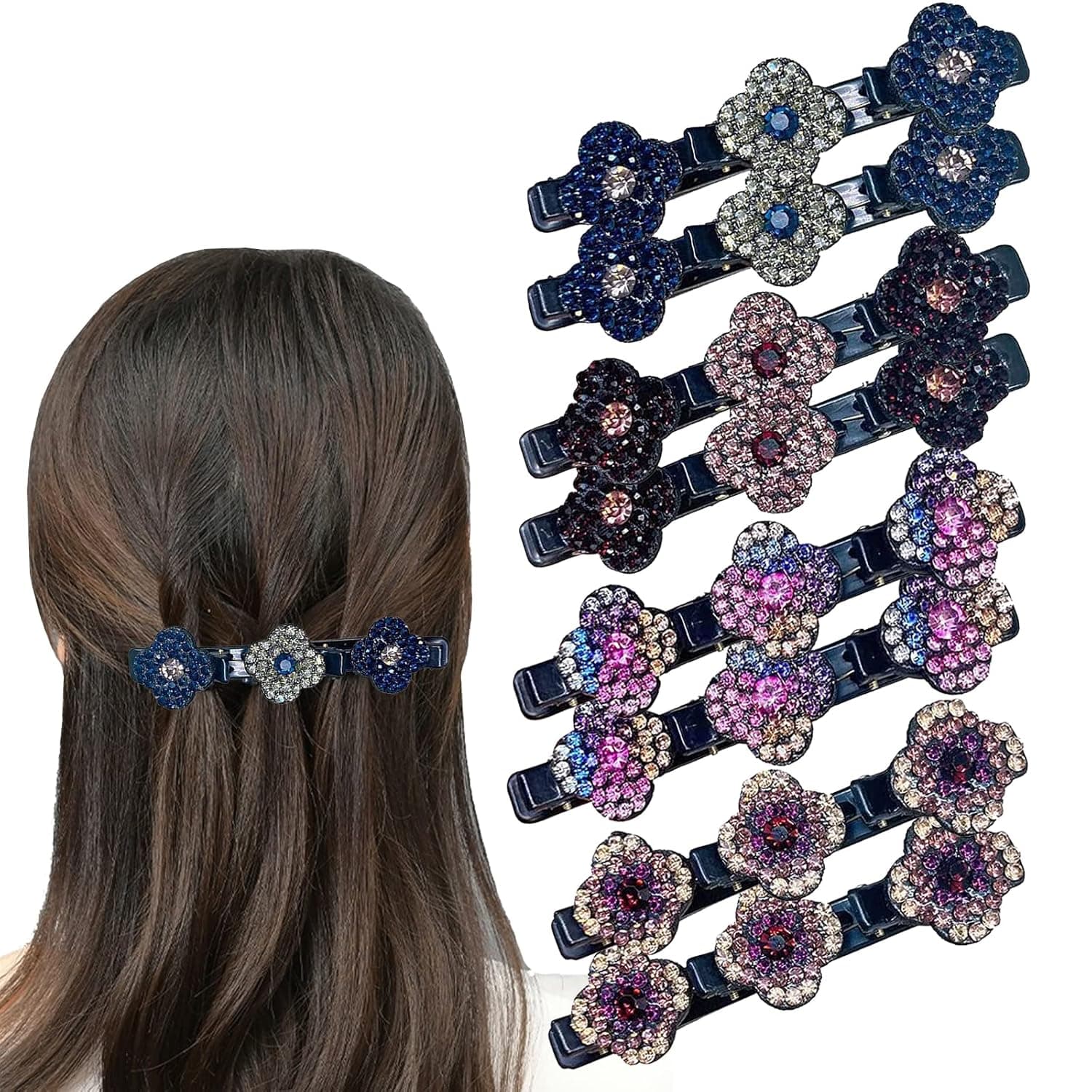 8 PCS Sparkling Crystal Stone Braided Hair Clips, Rhinestone Hair Clips Hairpin Duckbill Clip, Braided Hair Clip with Rhinestones for Women and Girls