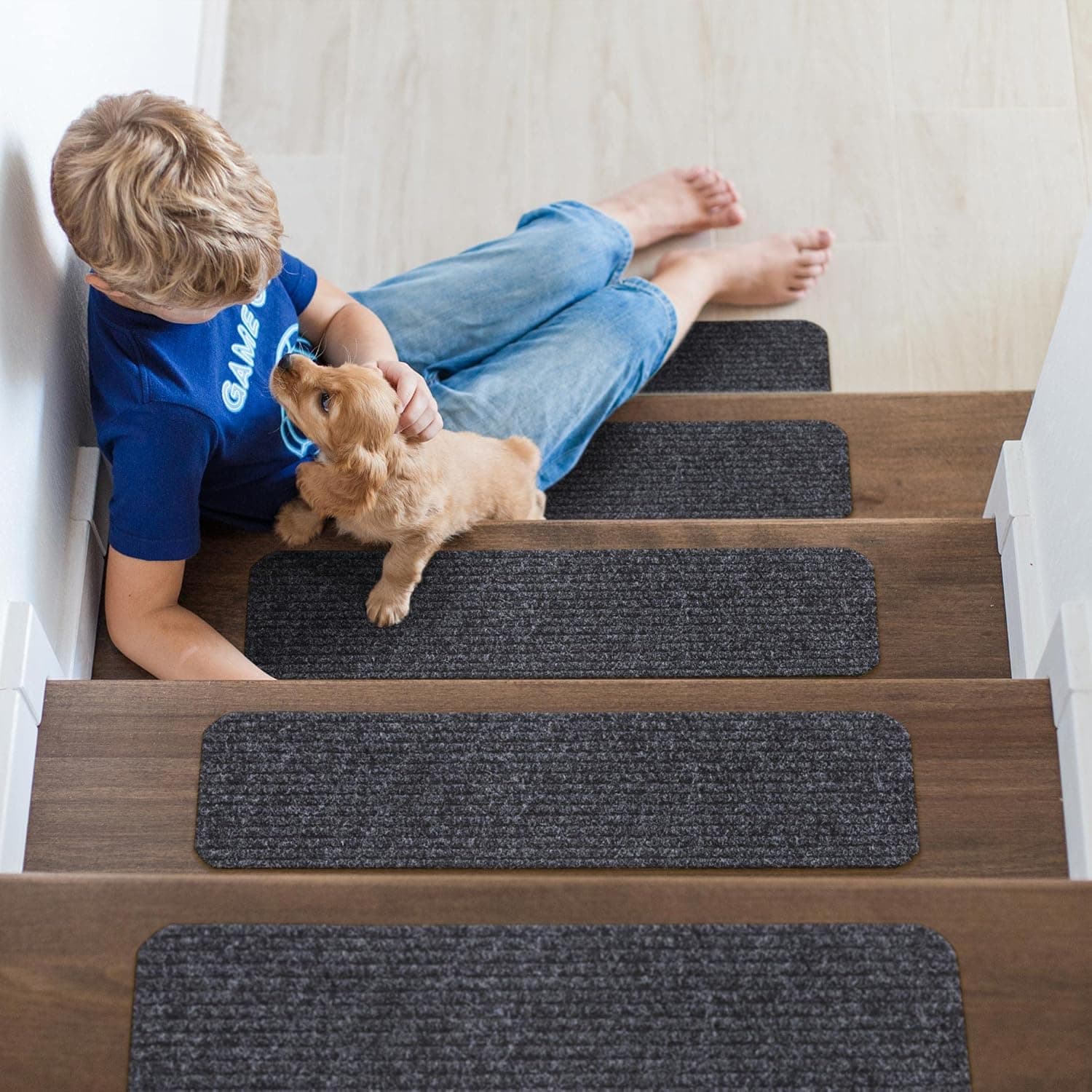 Ottomanson Scrabe Rib Collection Waterproof Non-Slip Rubberback Solid Design 8" x 30" Indoor/Outdoor Stair Treads, 7 Pack, Black