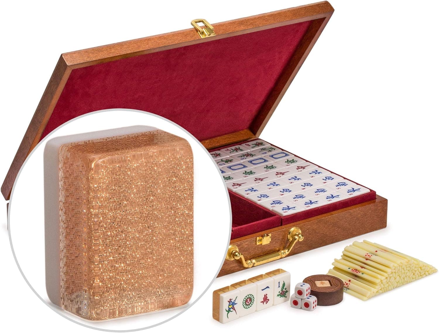 Yellow Mountain Imports Classic Chinese Mahjong Game Set - Champagne Gold - with 148 Medium Size Tiles, a Wooden Case, Betting Sticks, 3 Dice, and a Wind Indicator - for Chinese Style Game Play