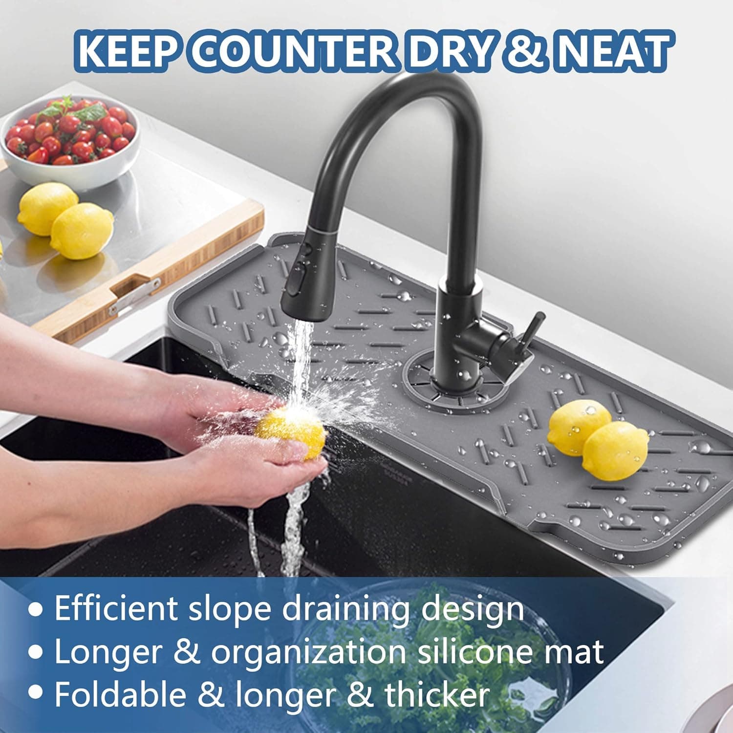 Burfocus Silicone Faucet Mat , Sink Splash Guard, Silicone Faucet Handle Drip Catcher Tray, Sponge Holder Sink Protector for Kitchen Bathroom Farmhouse & RV Sink Accessories (Grey (15.3" x 5.9"))