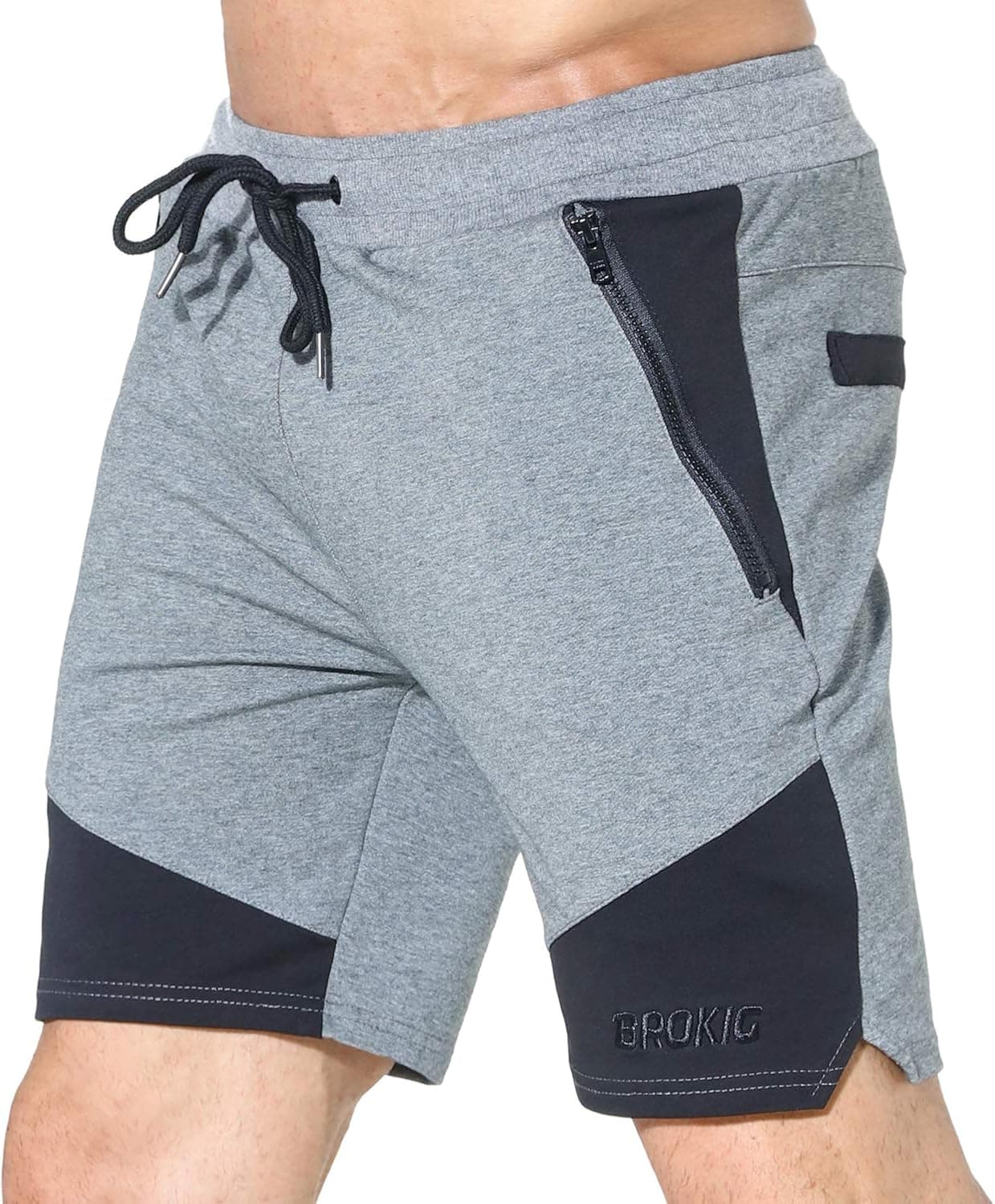 BROKIG Home Workout Shorts Men's Bodybuilding Gym Shorts Running Shorts with Side-Zip Pockets