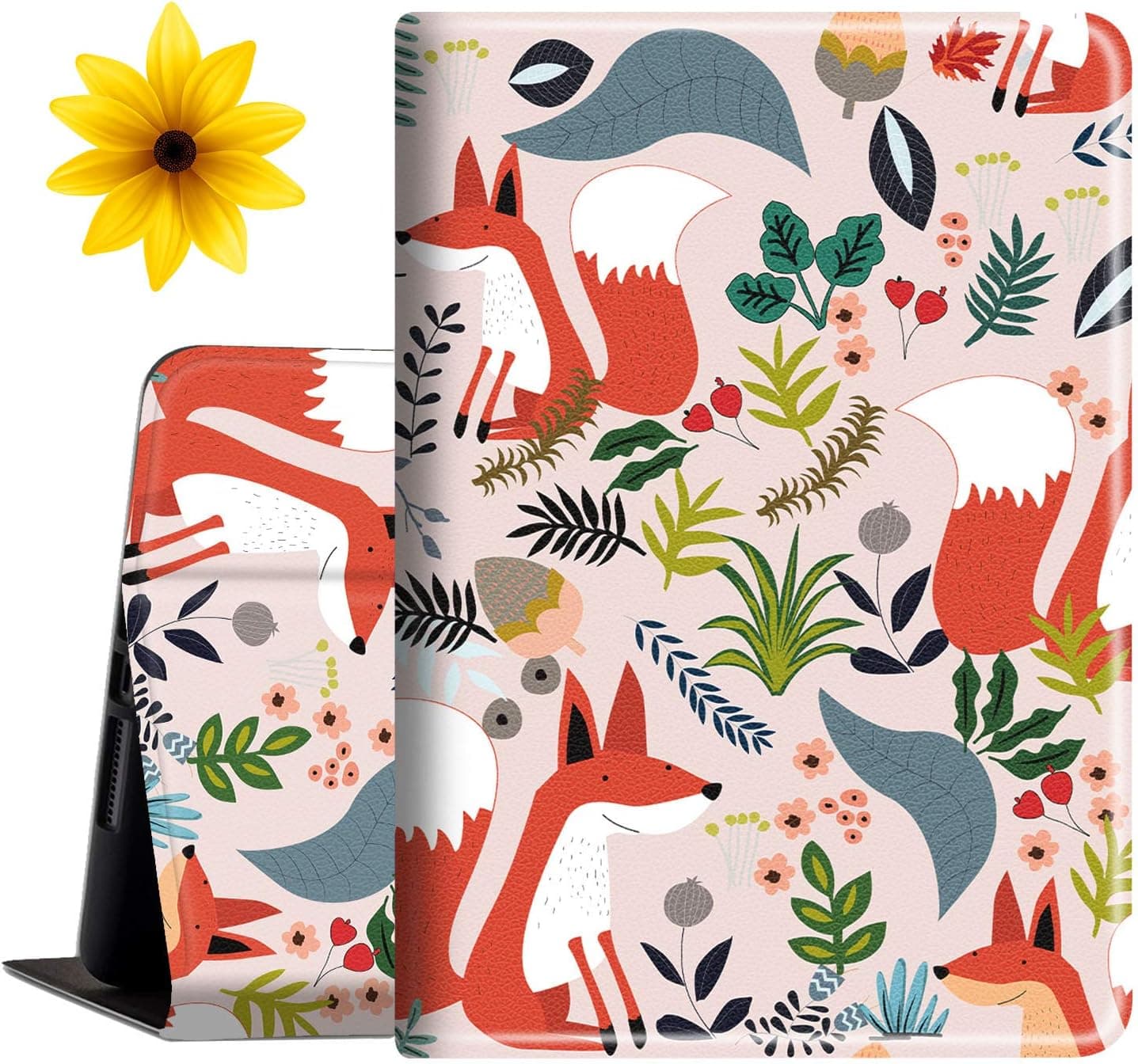 Case for Amazon Fire HD 10 Tablet 10.1", with Sunflower Sticker, Slim PU Leather Cover with Auto Sleep Wake Feature Folio Case for Fire HD 10 (7th Gen & 9th Gen, 2017 & 2019 Release), Cute Red Fox