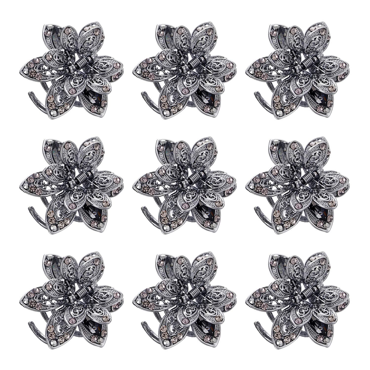 MOTZU 9 Pack Mini Jaw Clips, 1.5 inches Metal Crystal Hair Claws, Non-Slip Flower Barrette, Vintage Metal Rhinestone Hair Clip Accessories for Women Girls, Grey