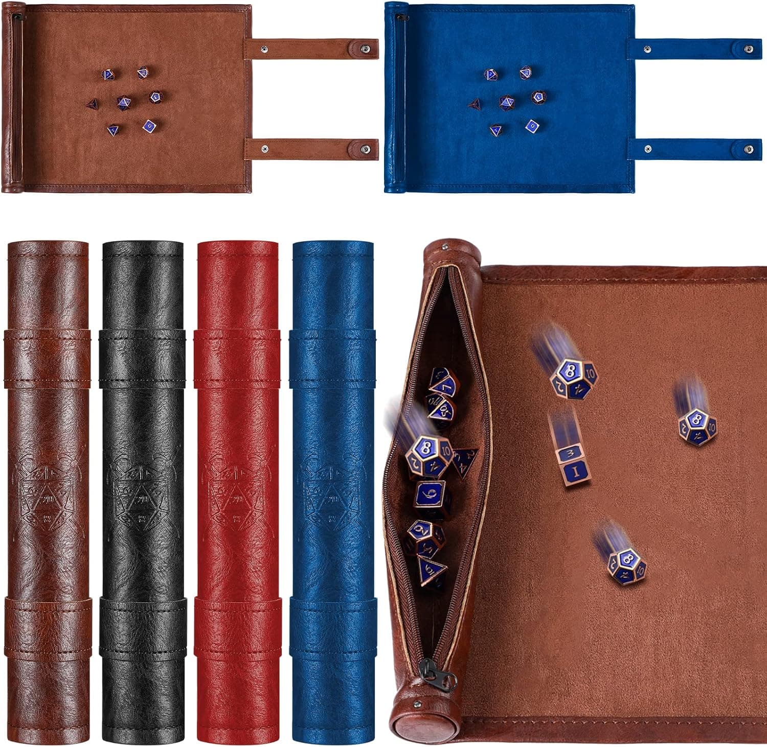 4 Pcs Dice Holder Polyhedral Dice Tray Rolling Mat with Zipper Folding Storage Dice Tray PU Leather Scroll Dice Bag Compatible with DND RPG Dice Table Game Accessories, Black Red Blue Brown