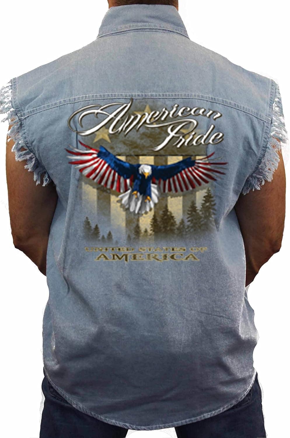 Impress For Less USA Men's Sleeveless Denim Shirt USA Flag American Pride: Light Denim (Large)