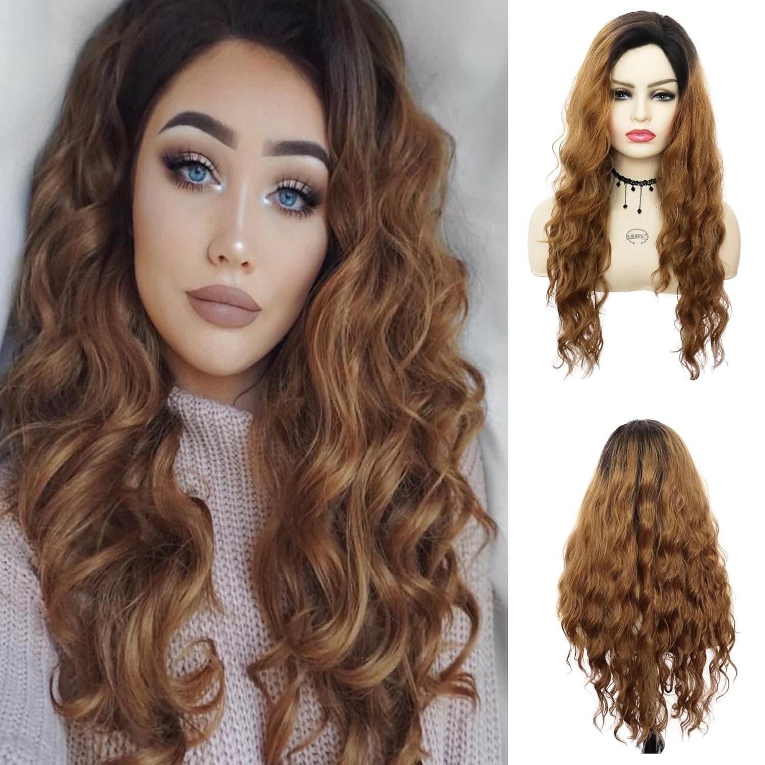GNIMEGIL Long Brown Curly Wig Natural Ombre Wig Wavy Curly Hair Wigs for Women Synthetic Hair Christmas Costume Party Wear Daily Use