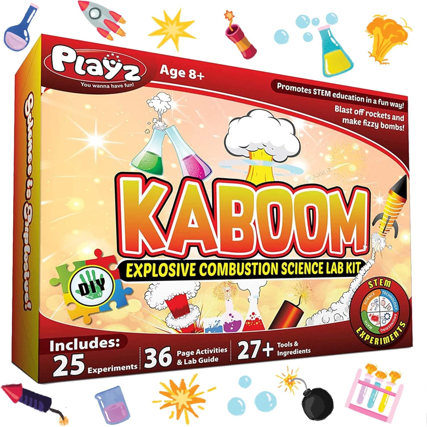 Playz Kaboom! Explosive Science Kit for Kids Age 8-12 with 25+ Chemical Reactions & Experiments in Our Chemistry Set - STEM Learning & Educational Toys & Gifts for Boys, Girls, Teenagers & Kids