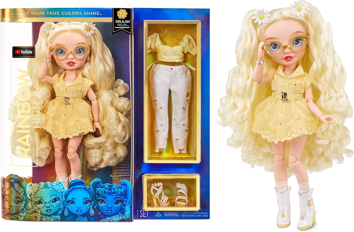 Rainbow High Delilah Fields- Buttercup Yellow Fashion Doll with Albinism & Glasses. 2 Designer Outfits to Mix & Match with Accessories, Great Gift for Kids 6-12 Years Old, Multicolor, 578307