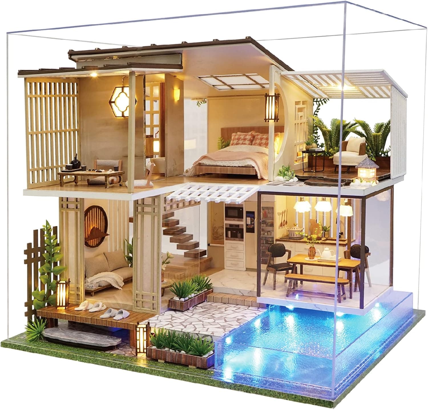 Spilay DIY Dollhouse Miniature Wooden Furniture Kit,Handmade Craft Mini Villa Model with Dust Proof Cover and Music Box,1:24 Scale Creative Doll House Christmas Best Gift for Adult Teenager Lover