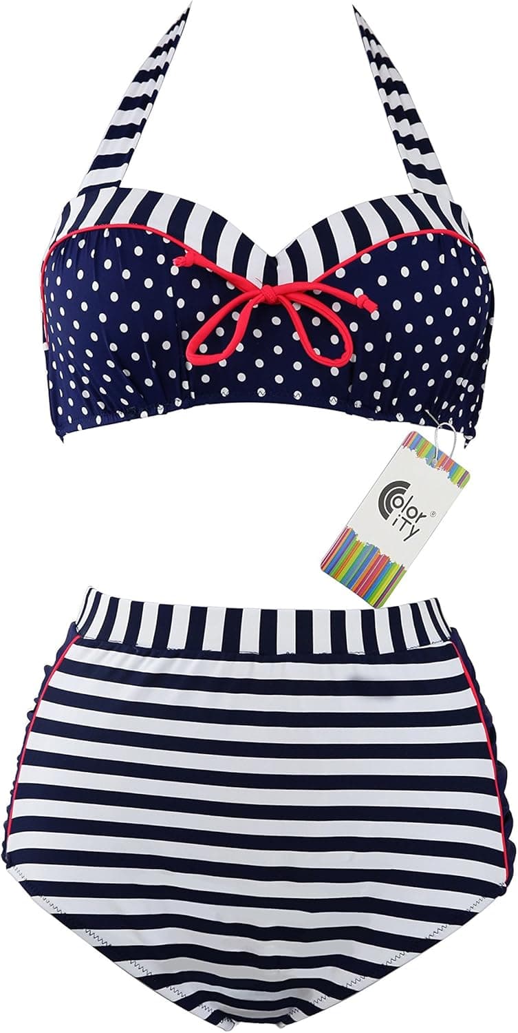 Color City Women's Floral High Waist Bathing Suit Halter Bikini Set Swimwear Stripe US 10-12