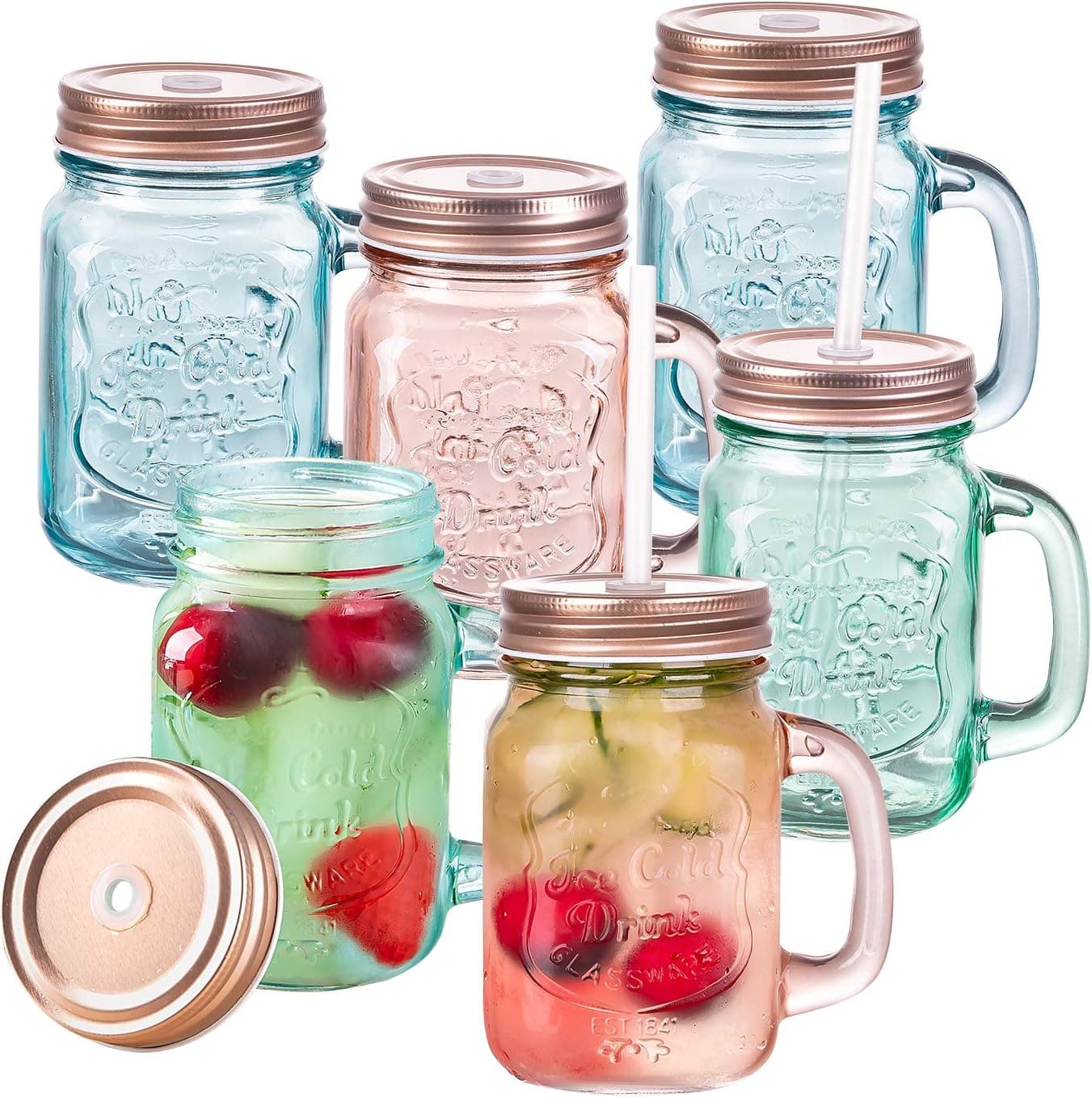 Vastto 15 Ounce Chromatic Engraved Mason Jar Mug with Handle and Straw,Set of 6 (Bright-hued)