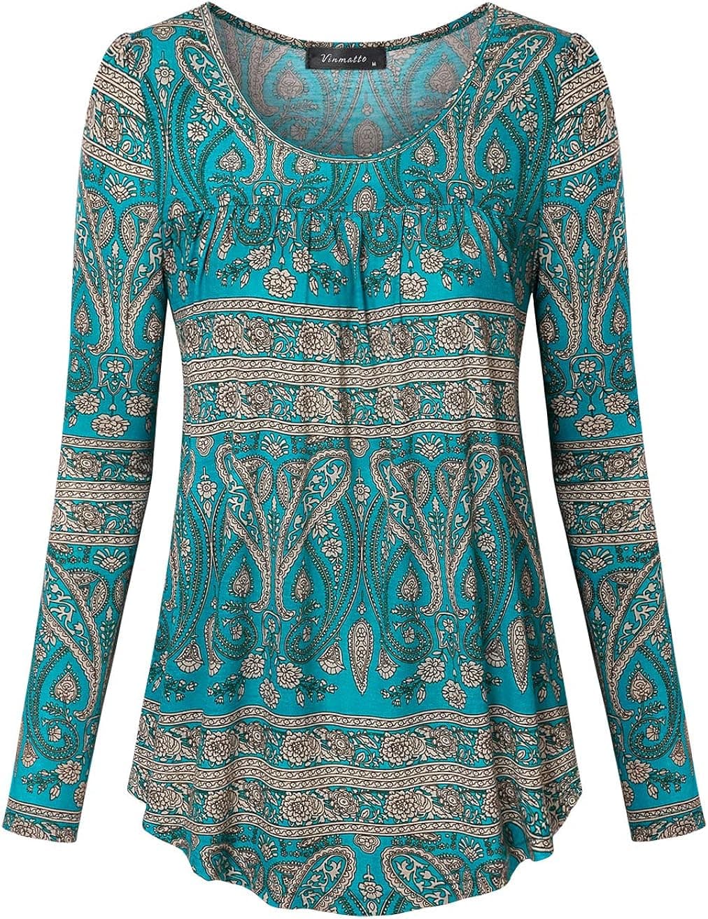Vinmatto Women's Long Sleeve Scoop Neck Pleated Tunic Shirt