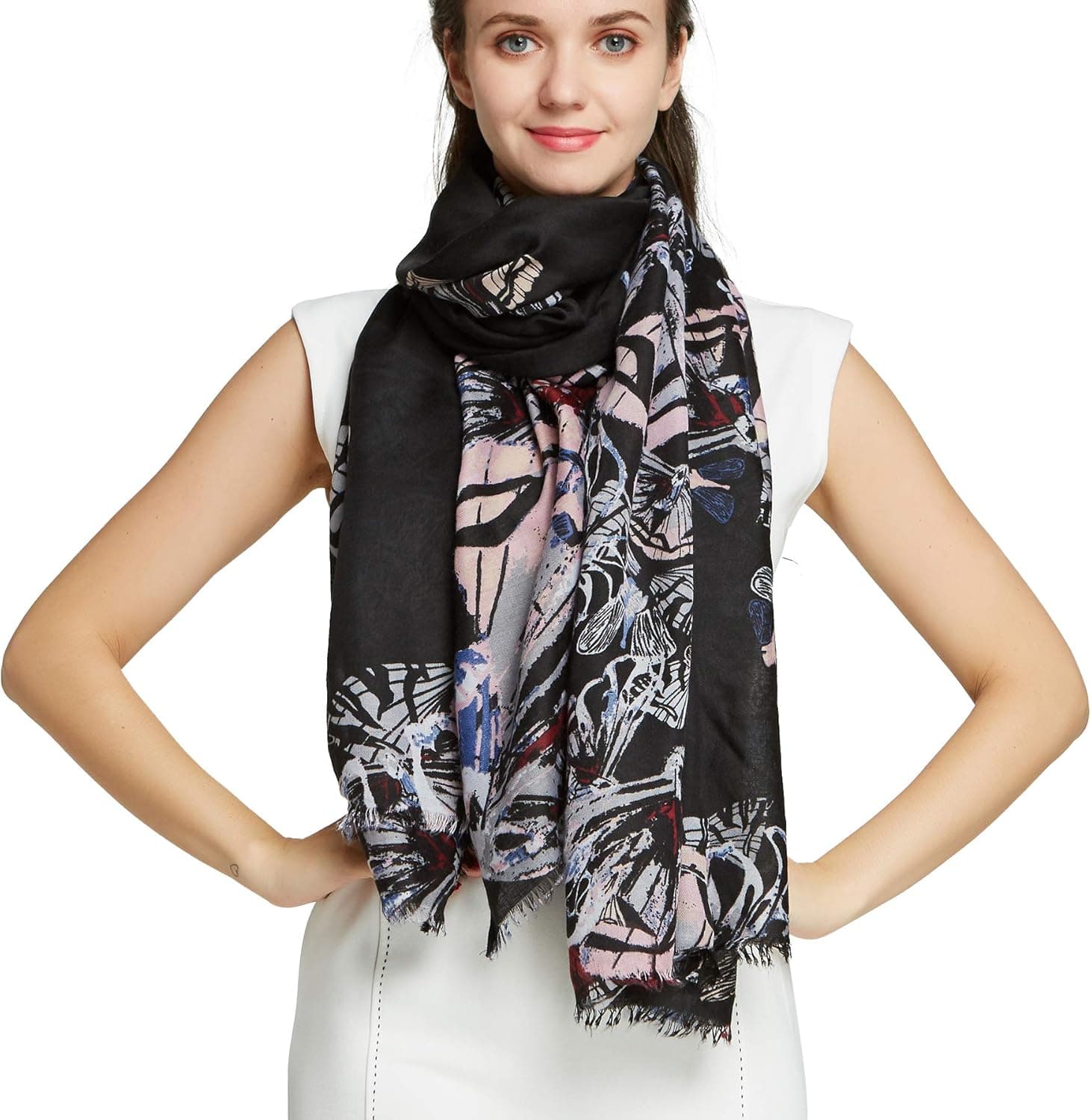 PANTONIGHT Women's Big Neck Long Cotton Shawl Fall Viscose Scarf's 35.478.5"(90200cm) Black Pink 317