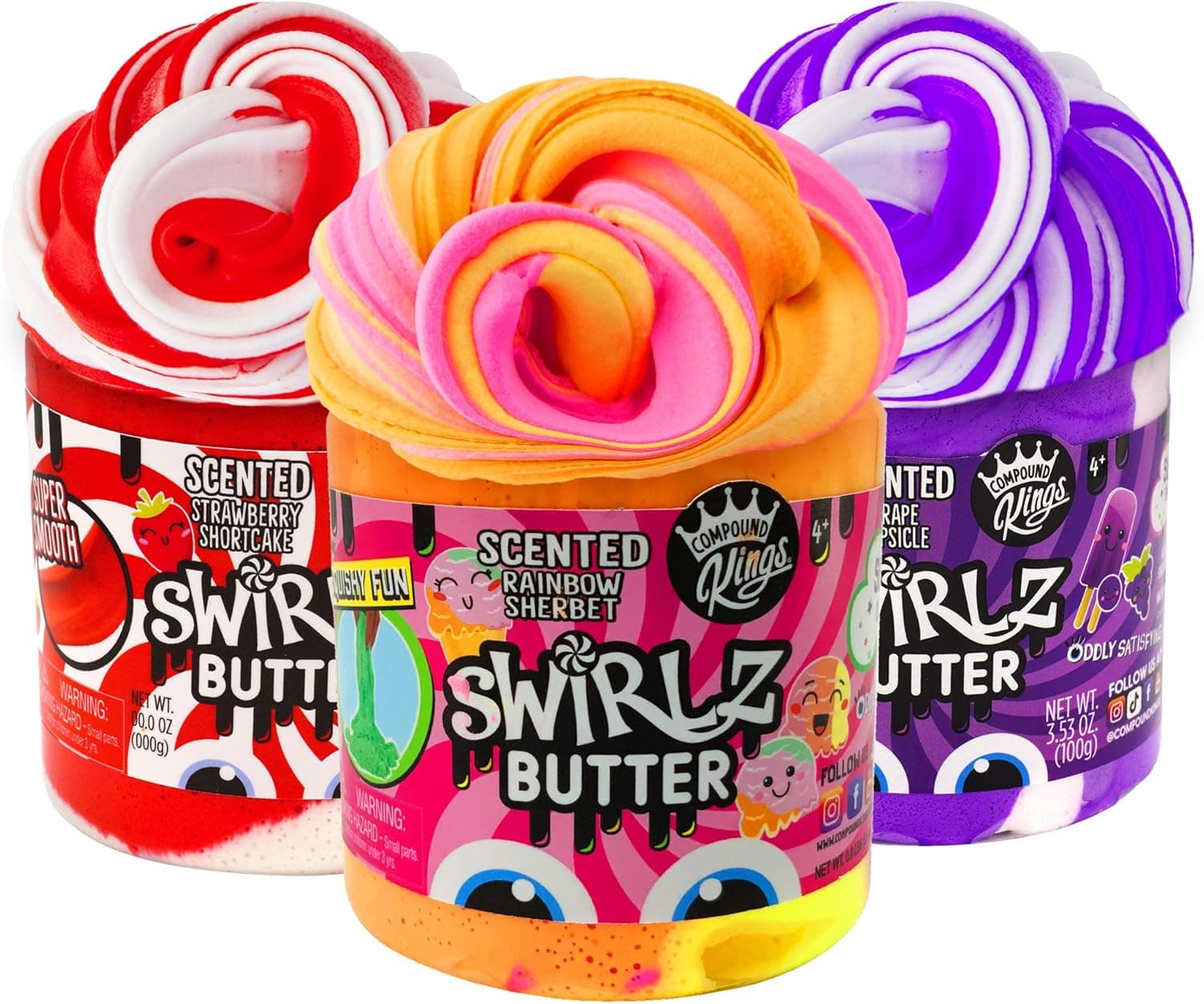 COMPOUND KINGS Scented Swirlz Butter Slime Jar for Girls & Boys | Sensory Toys | Non-Sticky | Stress Relieving Tactile (3-Pack, Rainbow Sherbert, Strawberry Shortcake & Grape Popscicle)