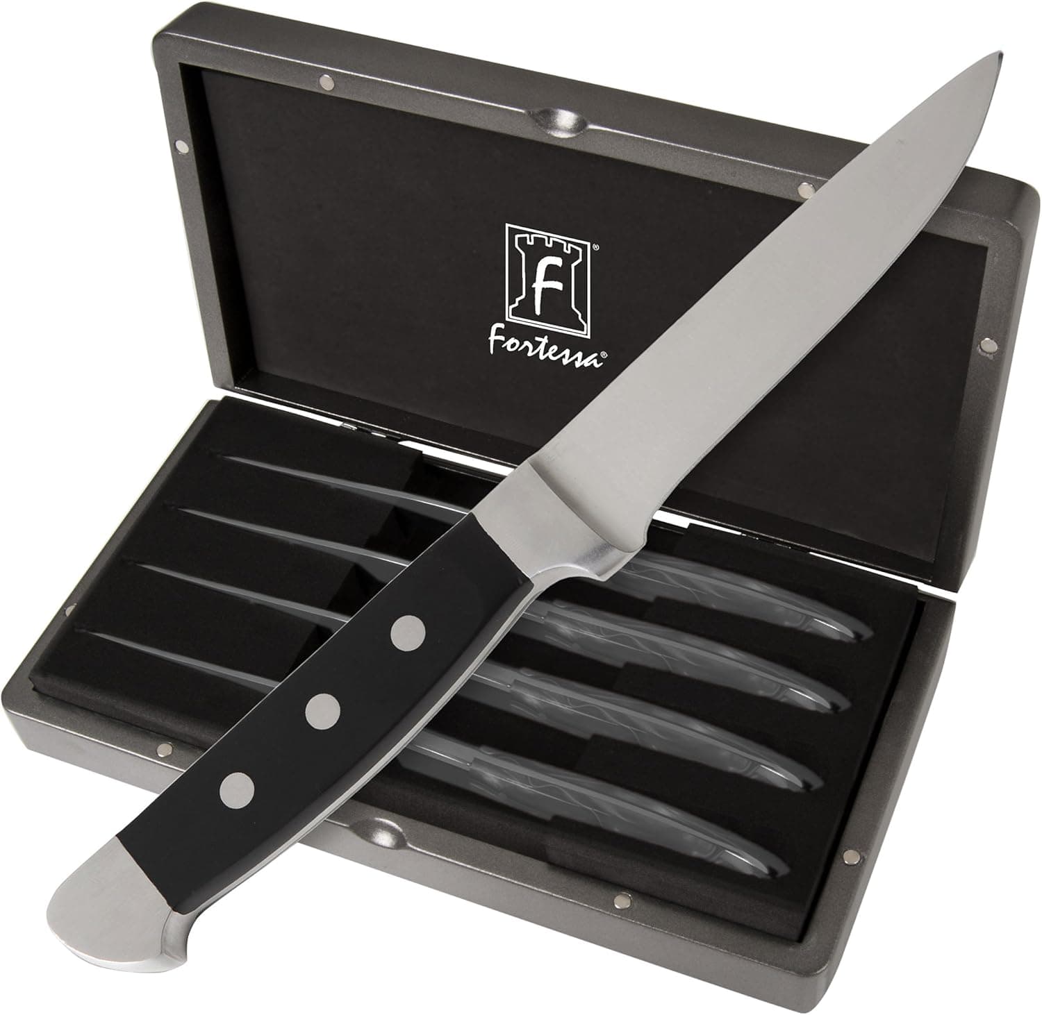 Fortessa 4PS-270 4-Piece Vaquero Serrated Steak Knife Set with Box, Black