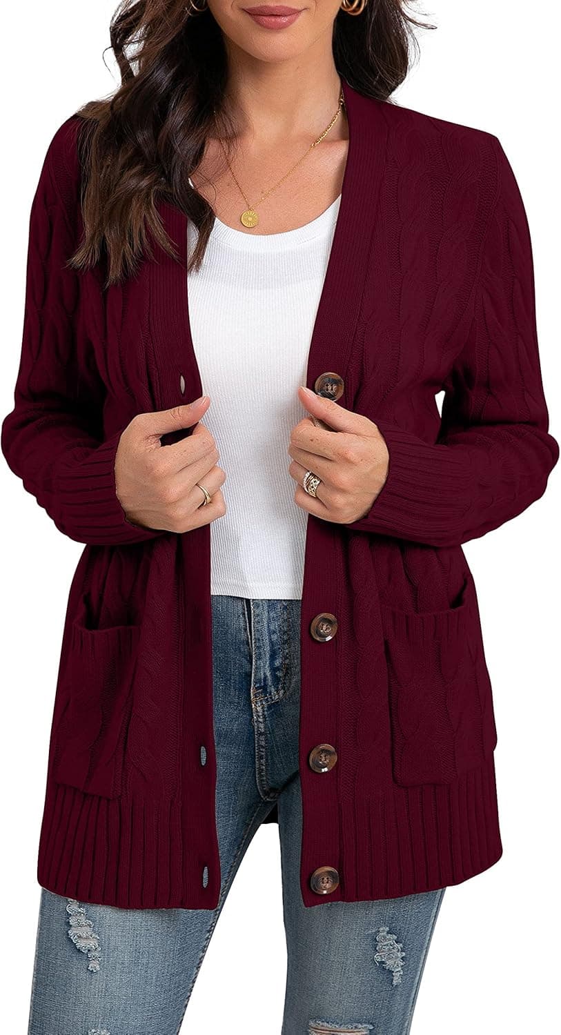 GRECERELLE Women's Long Sleeve Loose Knit Cable Open Front Button Down Cardigan Sweater Outerwear Coat with Pockets