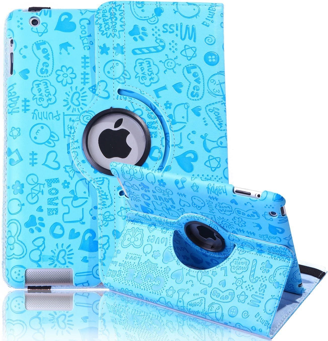 HDE Rotating iPad Case Magnetic Folding Leather Cover Folio Flip Stand for Apple iPad 2 iPad 3 iPad 4 (Blue Cartoon)