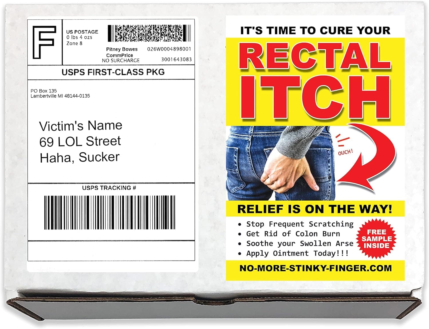Design Doggie Rectal Itch Mail Postal Prank Box Practical Joke ~ Gag Gift Funny Prank gets Sent to a Loved One/Victim 100% Anonymous