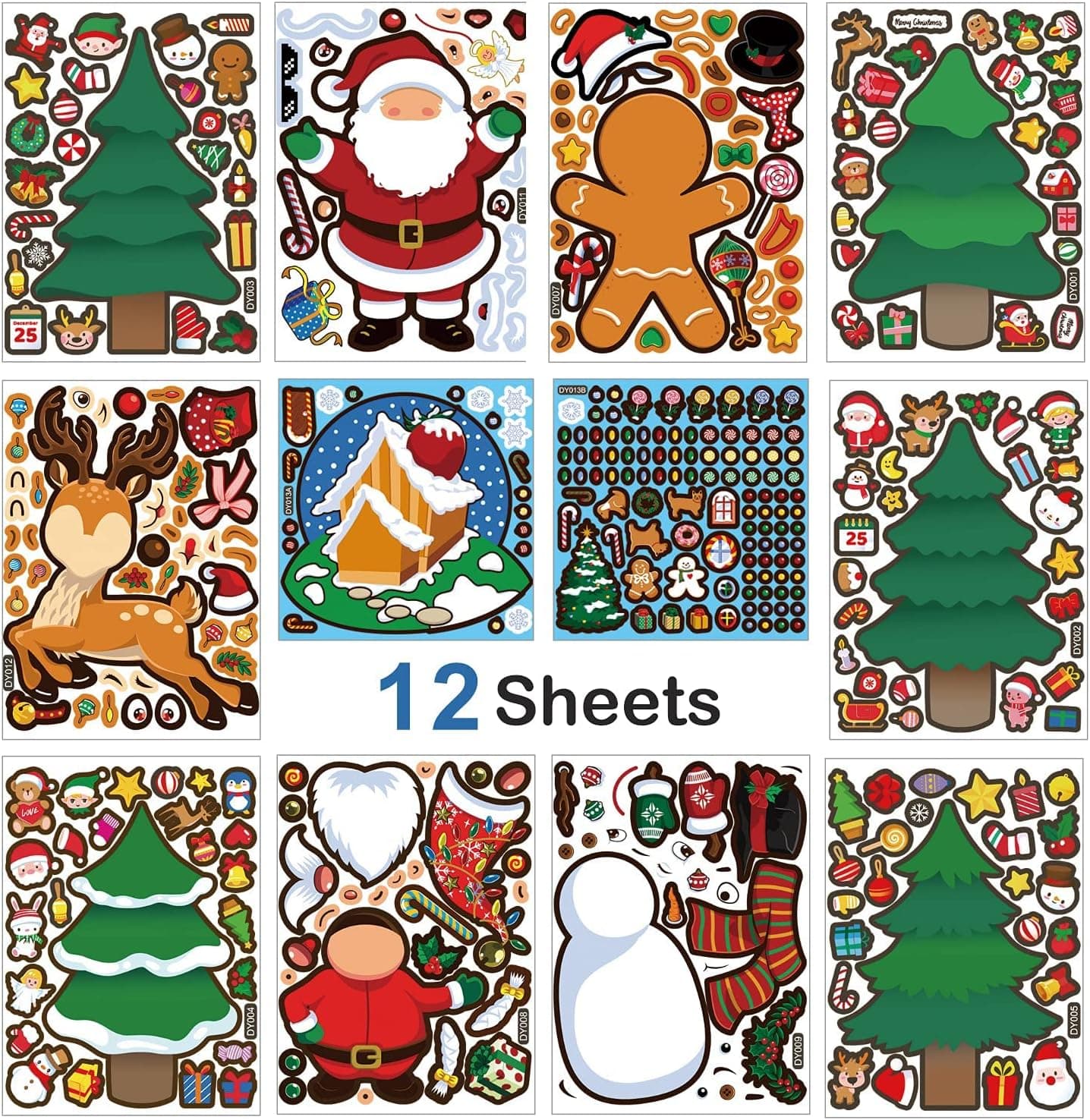 Zayvor 12Ct Christmas Make Your Own Stickers Christmas Party Games Sticker for Kids,Christmas Sticker Sheet Activities Craft Kits Christmas Tree Santa Mix and Match Stickers,Christmas Favors Supplies