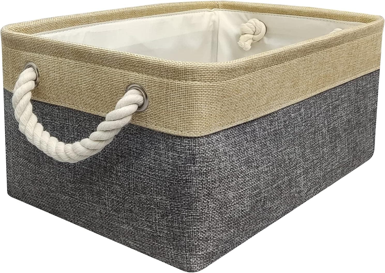 Protecu Storage Basket Bins Organizer Fabric Toy Basket with Handles | Large Baskets for Organizing Gifts Empty Shelves Closet (Beige & Grey, 16.1x12.2x7.9 inch)