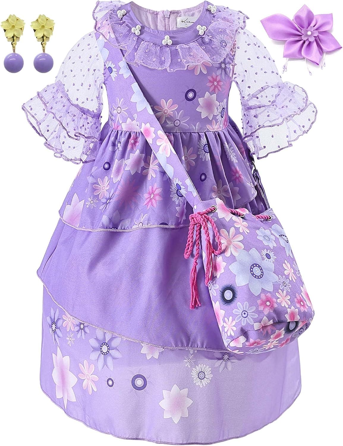 knemmy Encanto Costume for Girl Mirabel Cosplay Outfit Princess Dress Halloween Christmas Party Dress Up Clothes