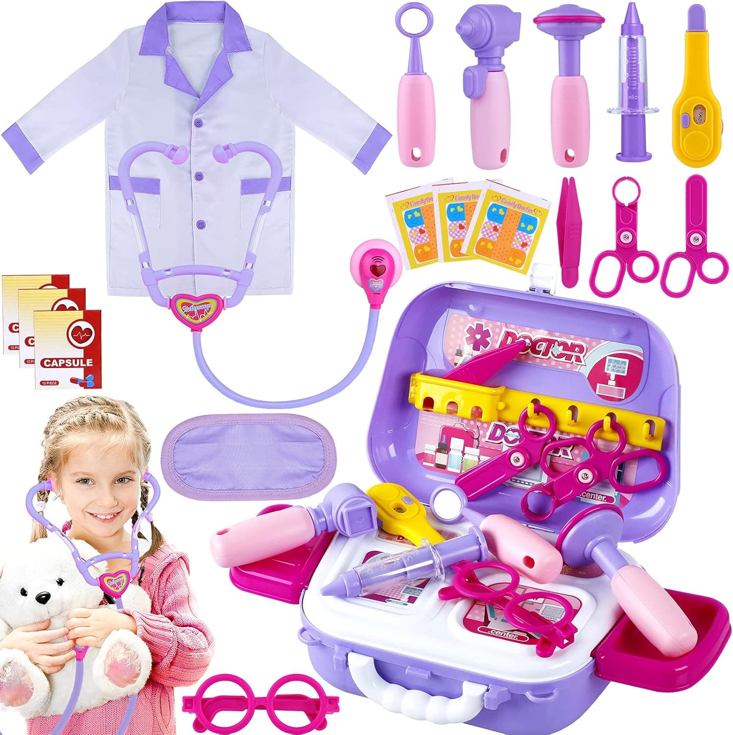 Tepsmigo Doctor Kit for Kids with Carry Case, Doctor Halloween Costume for Kids, Pretend Play Kids Doctor Set with Stethoscope and Coat, Play Doctor Set for Kids Age 3+