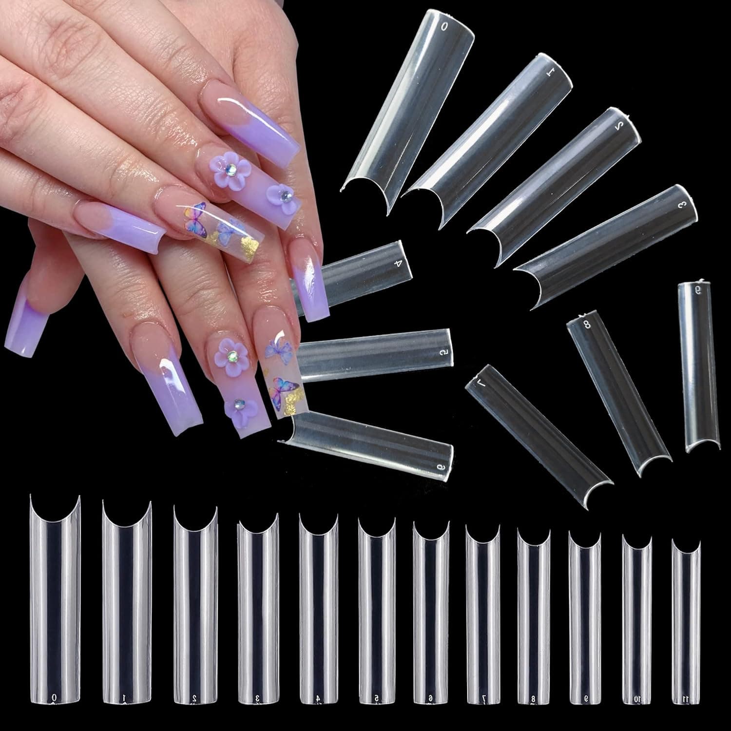 AddFavor 600pcs Clear Square Nail Tips Straight Tapered Sqaure Extra Long XXL No C Curve Acrylic Fake Nails French Half Cover False Nail Tip 12 Sizes for Nail Salons and Home DIY