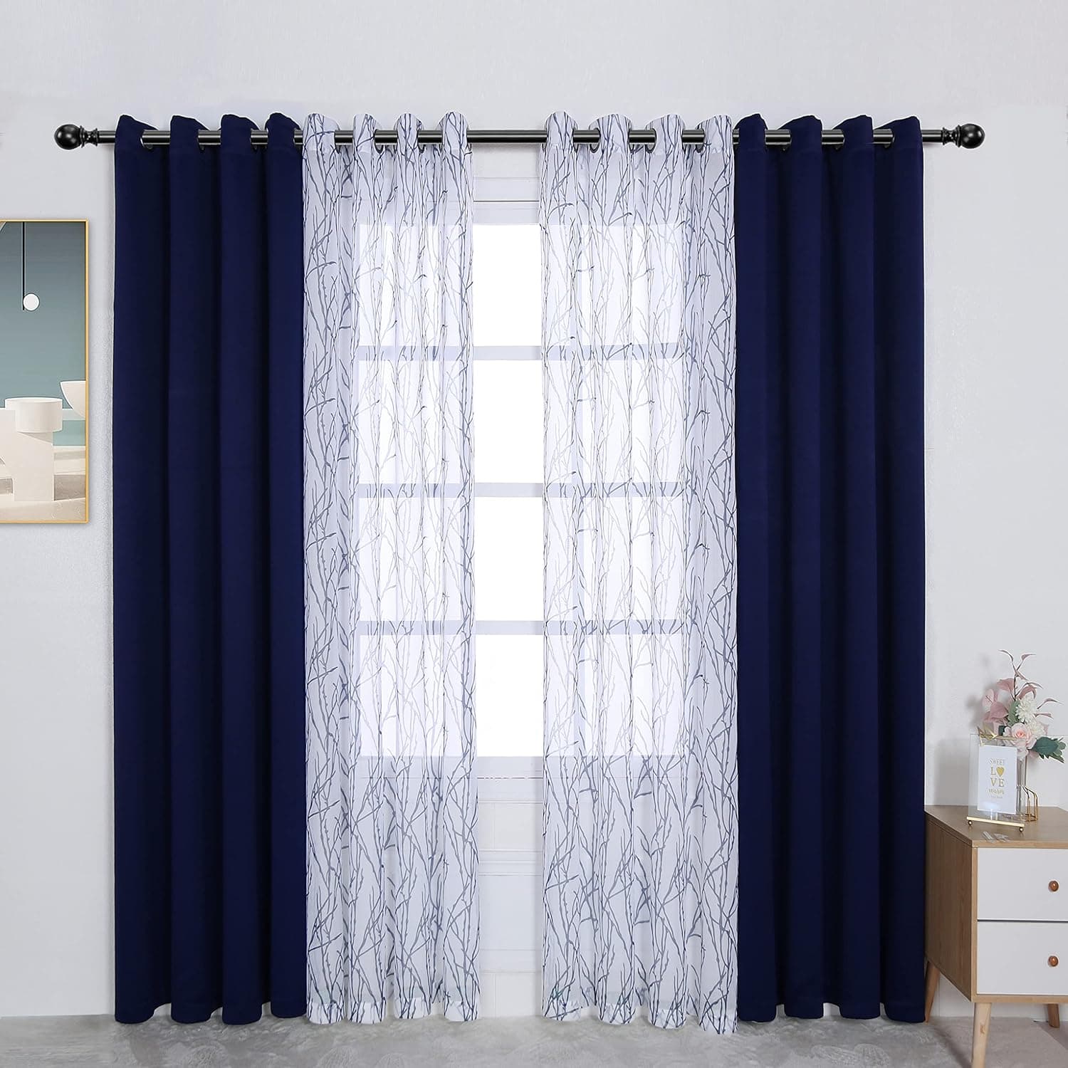 BONZER Mix and Match Curtains - 2 Pieces Branch Print Sheer Curtains and 2 Pieces Blackout Curtains for Bedroom Living Room Grommet Window Drapes, 54x84 Inch/Panel, Indigo, Set of 4 Panels
