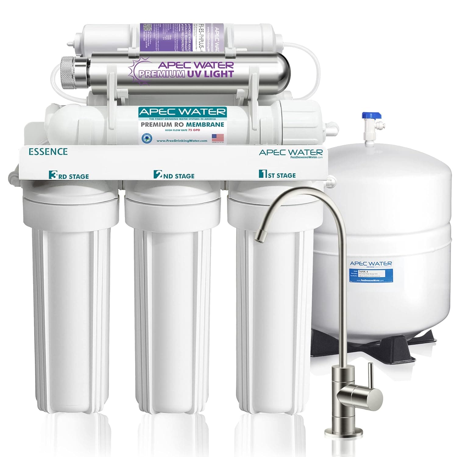 APEC Water Systems ROES-PHUV75 Essence Series Top Tier Alkaline Mineral and Ultra-Violet UV Sterilizer 75 GPD 7-Stage Ultra Safe Reverse Osmosis Drinking Water Filter System,white