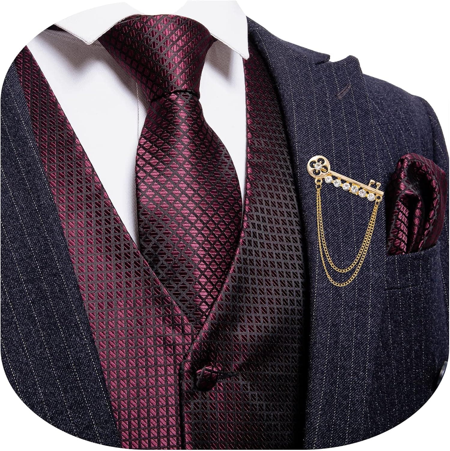 YOHOWA Men's Silk Waistcoat Set Paisley Flower V-neck 5PC Tie Pocket Square Regular fit Vest Suit Formal Business Leisure