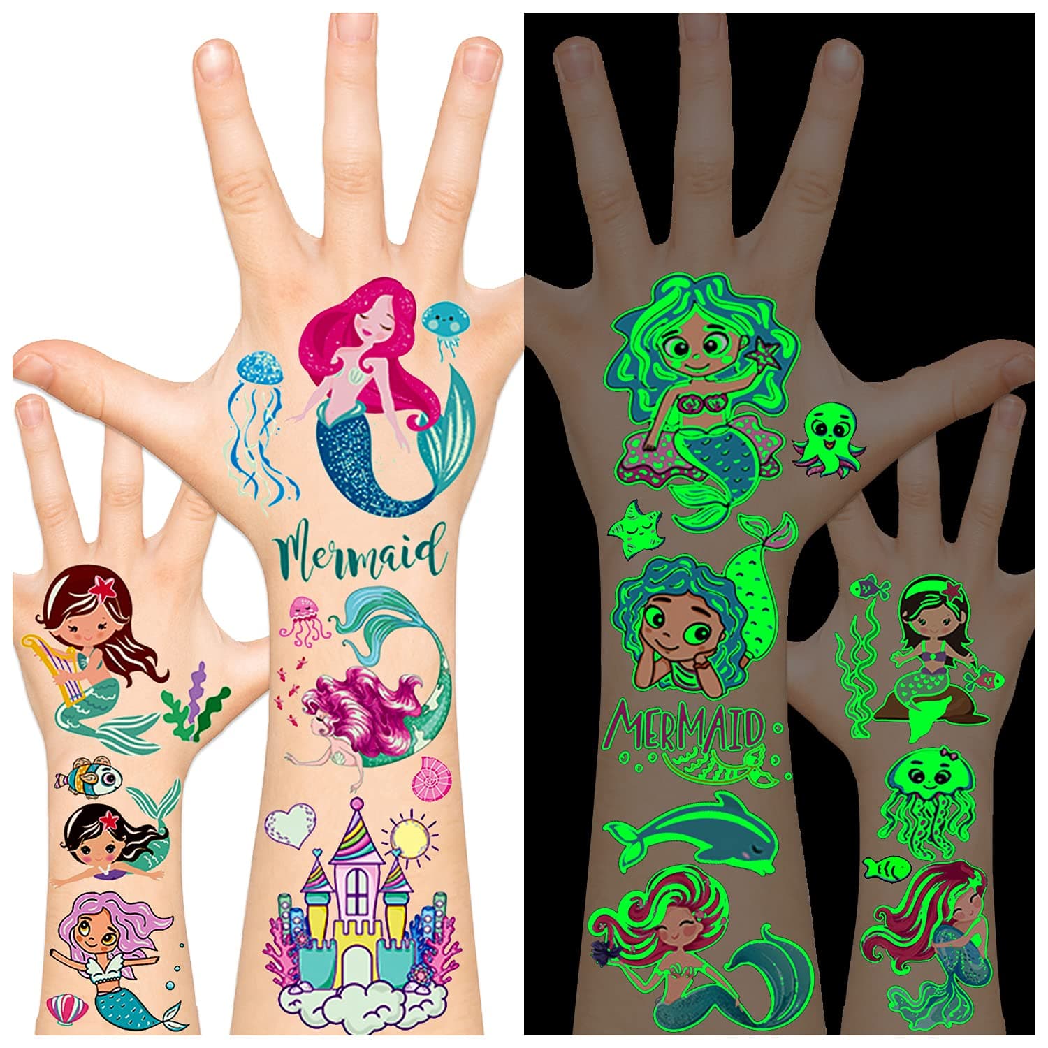 Leesgel Luminous Mermaid Party Favors, 138pcs Mermaid Temporary Tattoos for Girls, Mermaid Party Supplies