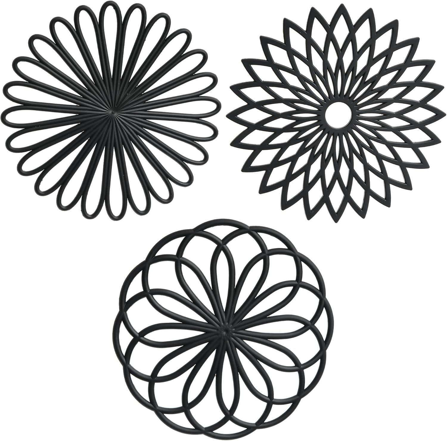 Viwehots Silicone Trivets Mats for Table and Hot Pots and Pans, Multi-Use Intricately Carved Hot Pads and Mats, Flexible Modern Kitchen Table Mat, Heat Resistant Round Big Coaster Set of 3 Black