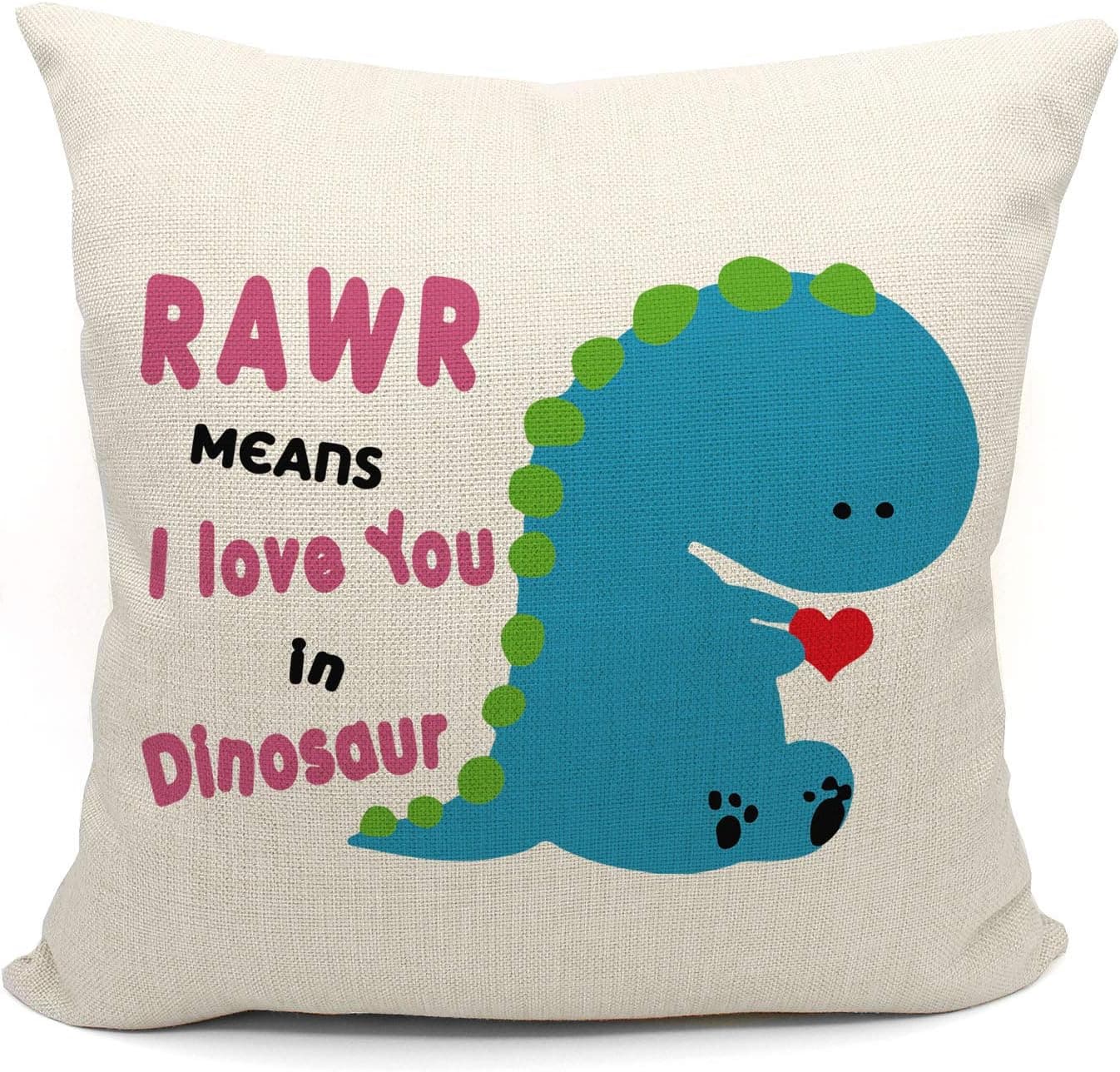 Mancheng-zi RAWR Means I Love You in Dinosaur Pillow case, Gift for Son, Daughter, Dinosaur Lover Pillow, Dinosaur Room Decor, Cotton Linen Cushion Cover Decoration for Sofa Couch Bed 18 x 18 Inch