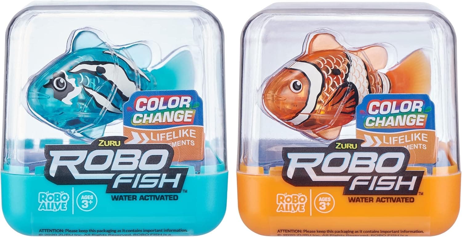 Robo Alive Robo Fish Robotic Swimming Fish (Teal + Orange 2 Pack) by ZURU Water Activated, Changes Color, Comes with Batteries, Amazon Exclusive - Teal + Orange (2 Pack)
