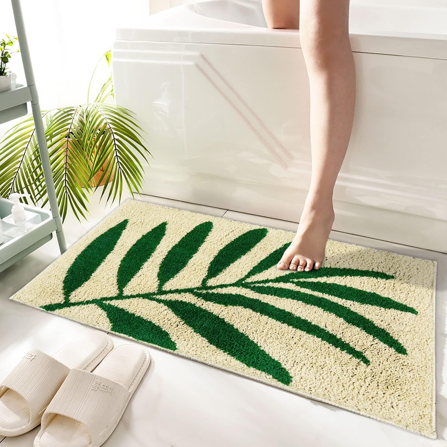 Hi Space Bath Mat Non Slip Soft Bath Rugs Green Leaf Rug Machine Washable Bathtub Mat Water Absorbant Plush Shaggy Bath Carpet Thick Bath Mats for Bathroom Floor Microfiber Doormat 20"x31.5"(50×80cm)