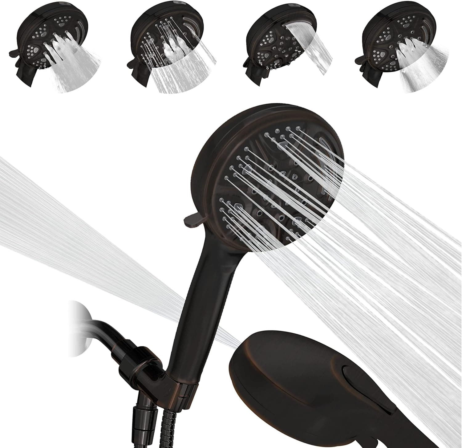 SparkPod 5 Inch 9 Spray Setting Shower Head - Handheld High Pressure Jet with On/Off Switch, Pause & Waterfall Setting- Premium ABS Removable Handheld Shower Head with Hose (Oil Rubbed Bronze)