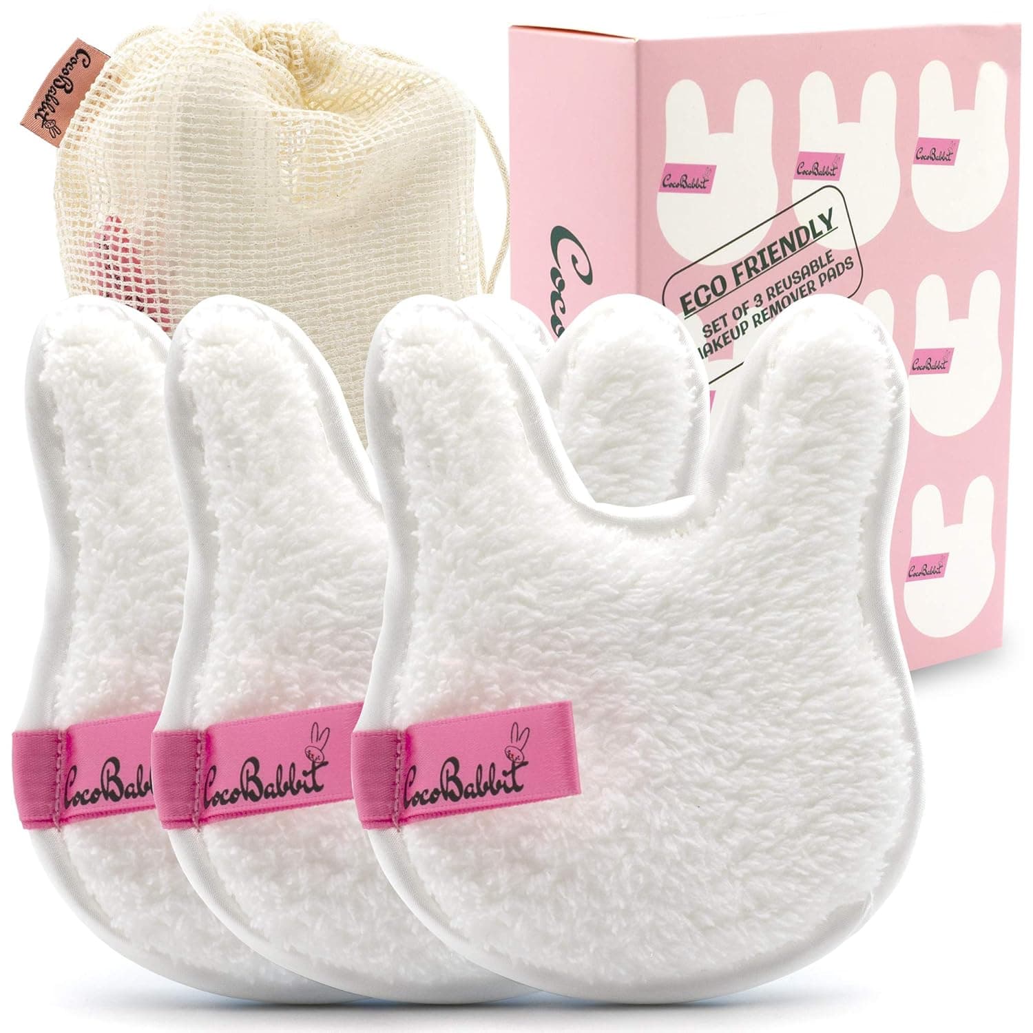 Cute Bunny Rabbit Shaped Reusable Makeup Remover Pads For Face & Eyes - Just Use Water- Washable - Microfiber - Large Double-sided 3 Pcs Set- Eco-friendly - Suits All Skin Types (White)