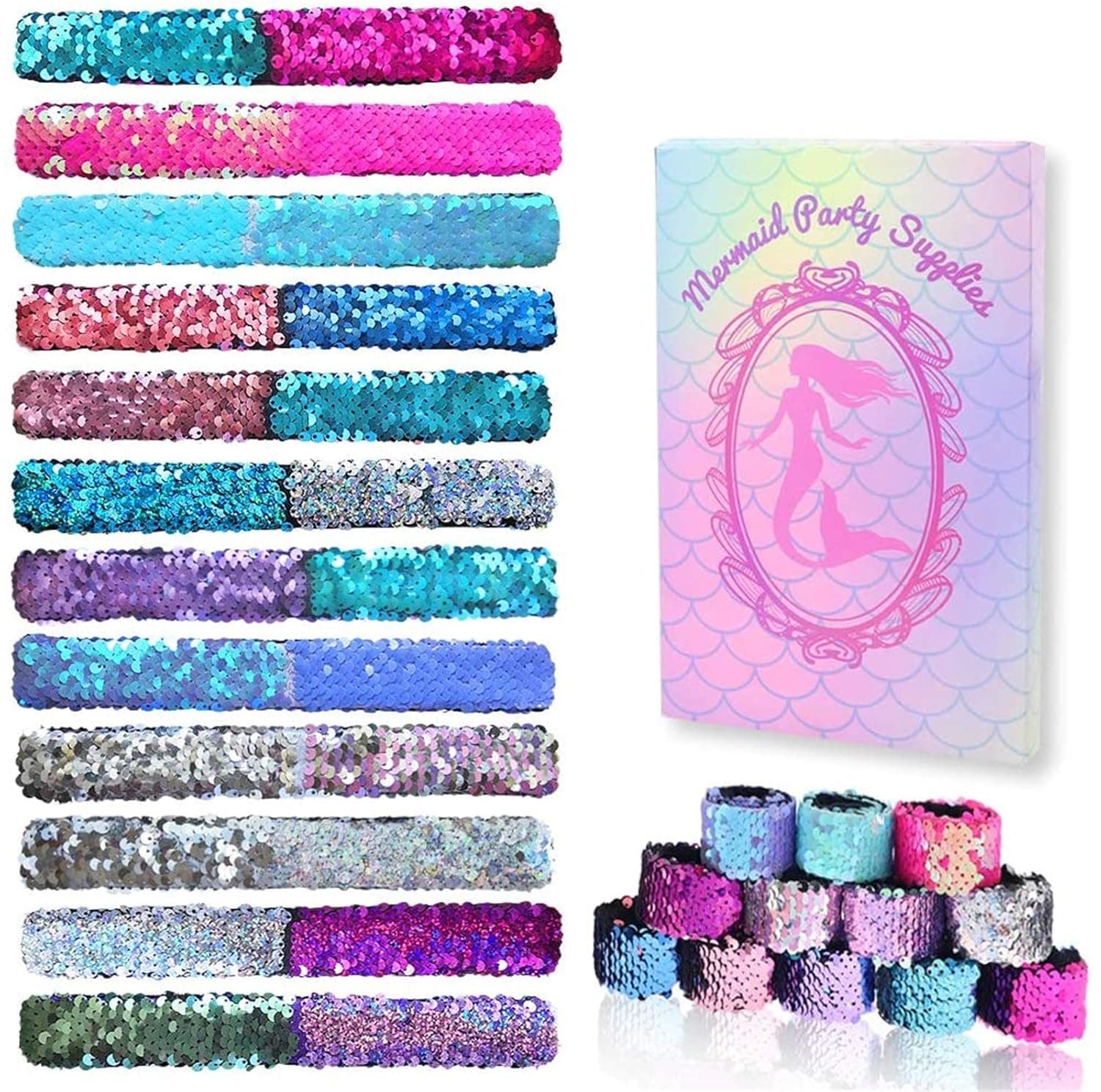 RUBFAC 12 Pack Mermaid Slap Bracelets 2 Colors Reversible Glitter Magic Sequins Flip Bracelets for Party, Birthday Gifts, Mermaid Party Supplies