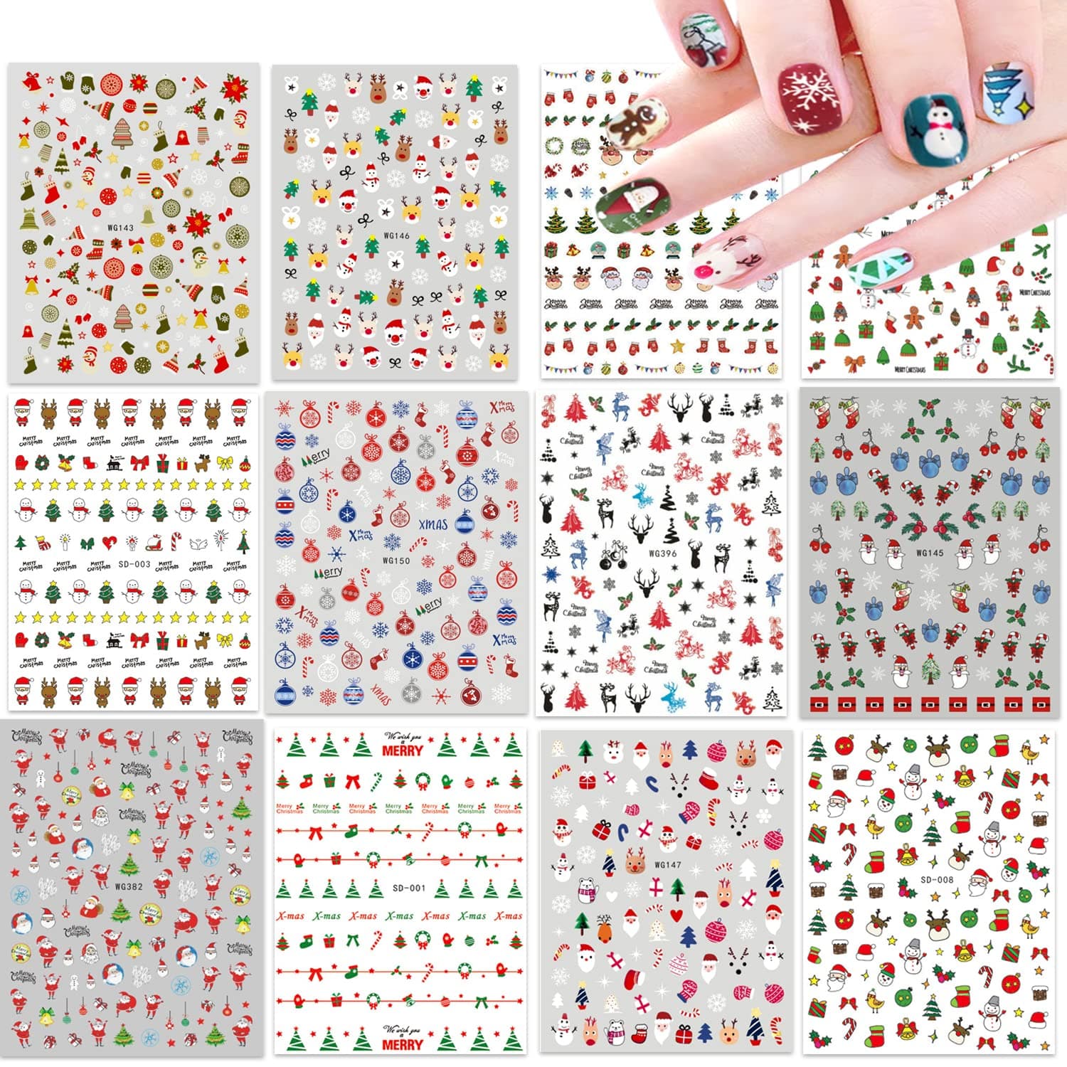 12 Large Sheets Christmas Nail Stickers for Women Girls Self-adhesive DIY Nail Art Decoration Including Xmas Santa Snowman Elk Gingerbread Snow Christmas Tree Bells Stocking Nail Decals for Woman Kids