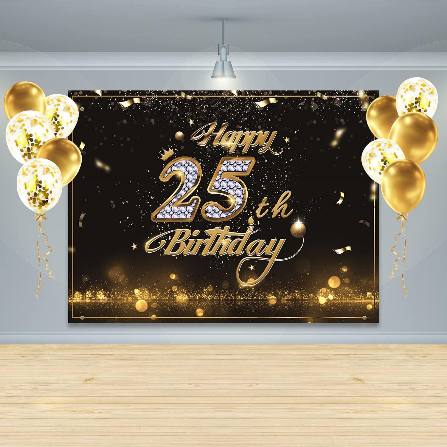 Gatherfun Birthday Party Supplies Happy 25th Birthday Banner Backdrop with 10 Pcs Balloons Black Gold Birthday Party Large Background Photo Props for Men and Women 25 Birthday Decorations