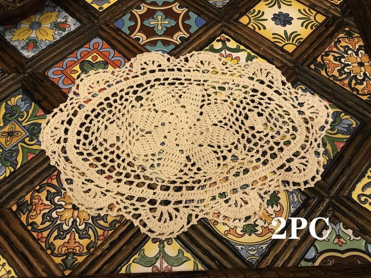 janef Beige Handmade Crochet Cotton Table mats Lace Doilies Doily Oval Lace Placemats 10 by 14 Inches 2PC.
