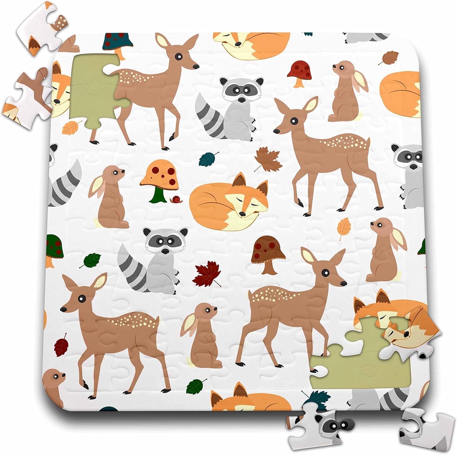 3dRose Woodland Animals Pattern, Fawn Fox Raccoon Rabbit - Puzzle, 10 by 10-inch (pzl_242313_2)