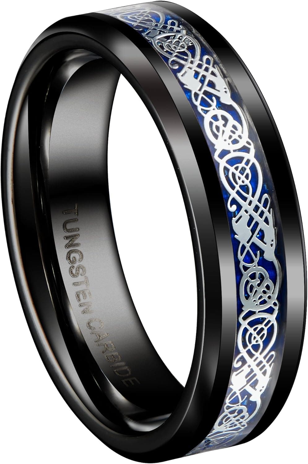 Queenwish 6mm/8mm Blue Tungsten Carbide Ring Celtic Dragon Blue Carbon Fibre Inlay Mens Wedding Band Comfort Fit