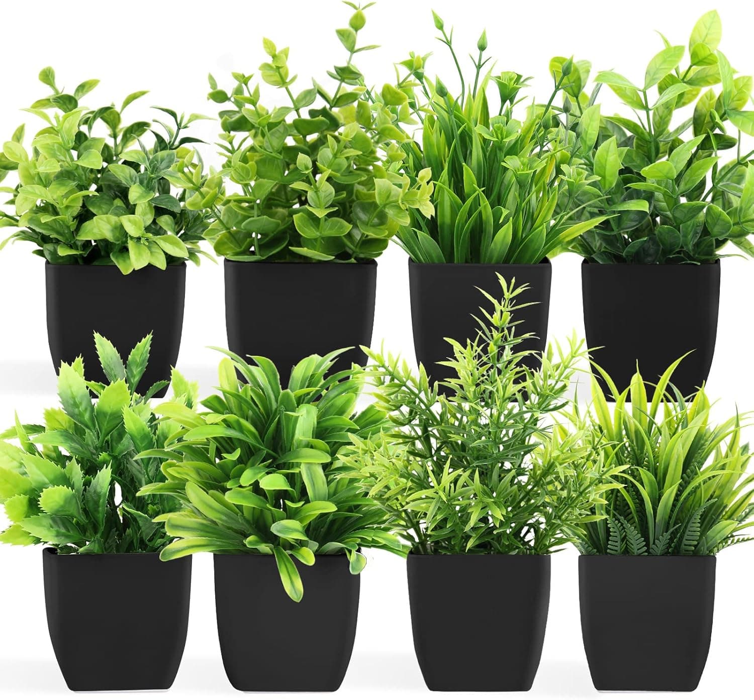 LELEE Artificial Plants Mini Fake Potted Plants, 8 pcs Small Eucalyptus Potted Faux Decorative Grass Plant with Black Pot for Home Decor, Indoor, Office, Desk, Table Decoration