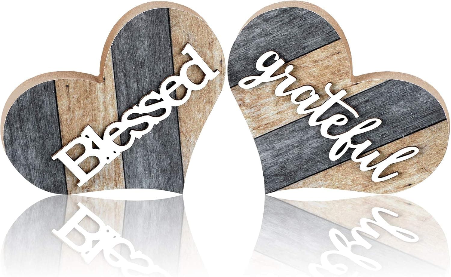 Jetec 2 Pieces Rustic Wooden Sign Heart Shaped Blessed Wooden Sign Grateful Heart Home Decoration Multicolor Wooden Table Centerpiece Home Table Ornaments for Farmhouse Living Room Decor (Brown-Gray)