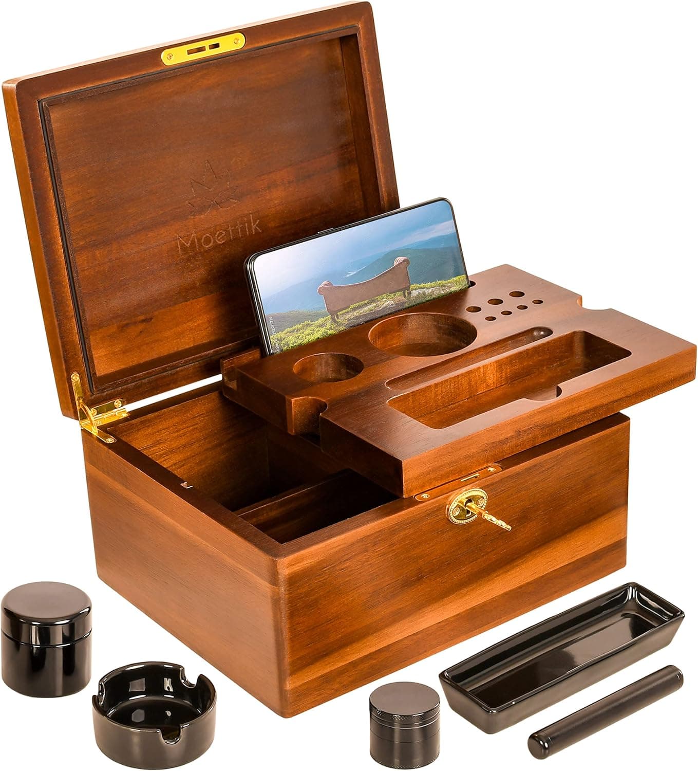 Moettik Upgraded Design Handcrafted Storage Box Kit-Wooden Smell Proof Locking Storage Box Accessories-UV Glass Storage Jar, Metal Storage Tube, Ceramic Tray, Ahtray, Wooden Tray, Brush, Brown