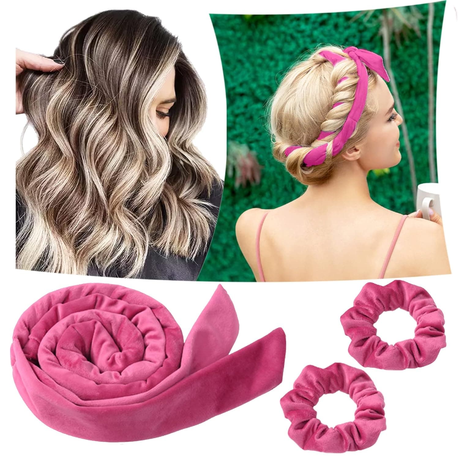 Heatless Hair Rollers for Sleeping, 3pcs Lazy Hair Curling Rod Headband Soft Woolen Curling Ribbon with Hair Rope for DIY Hair Styling Rose Red