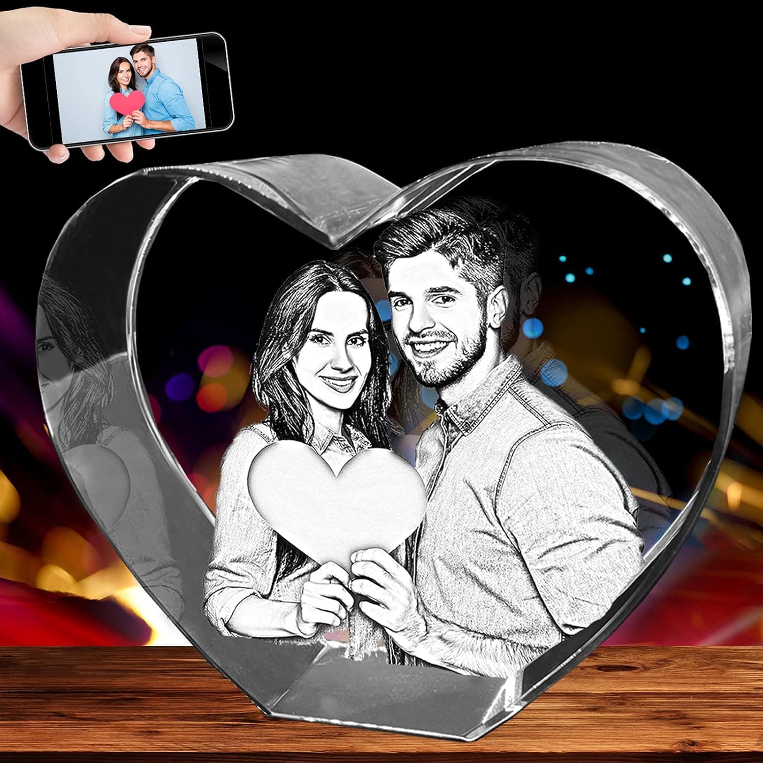 Slavna 3D Crystal Photo Personalized Mothers Day Gifts Picture Frame Laser Etched Crystal Glass Art,Heart