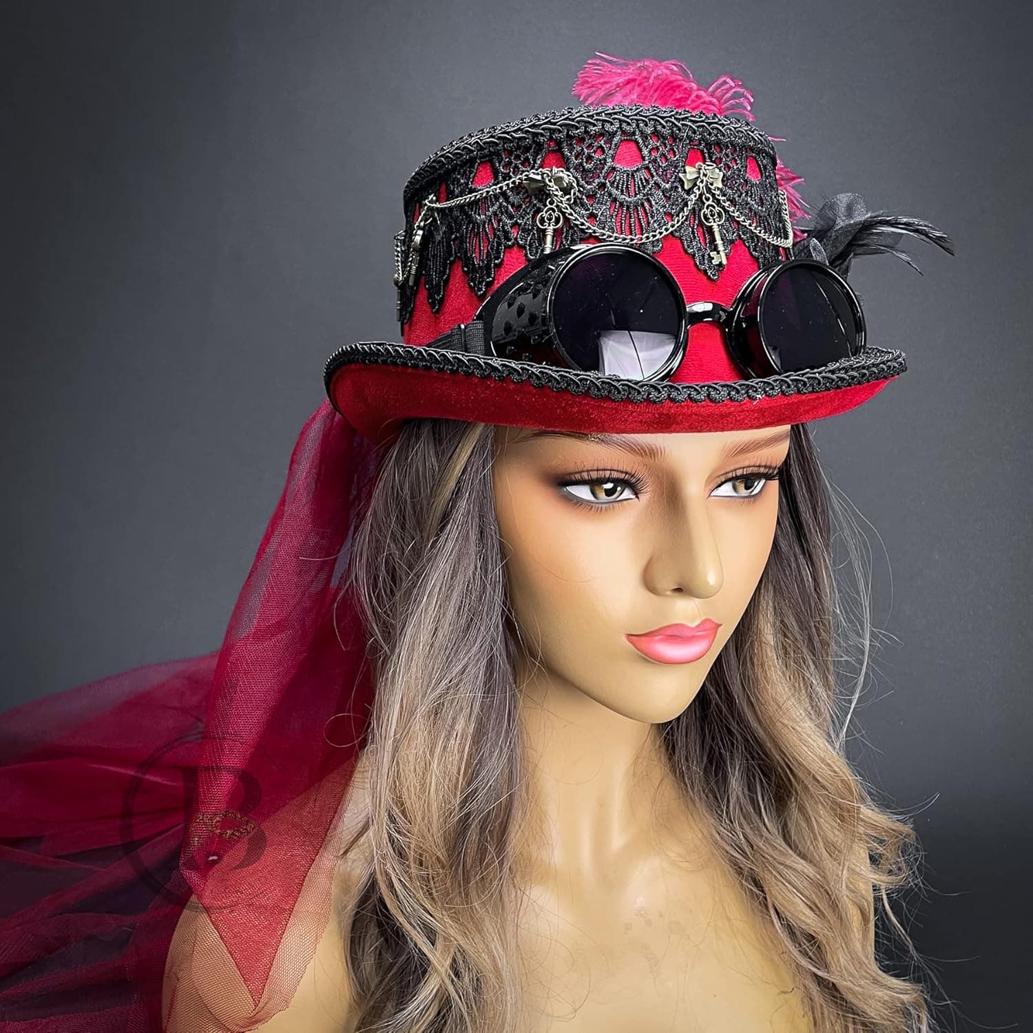 BEYOND MASQUERADE B Steampunk Top Hat with Goggles Mad Scientist Time Traveler Feather Halloween Costume Cosplay Party (Red)
