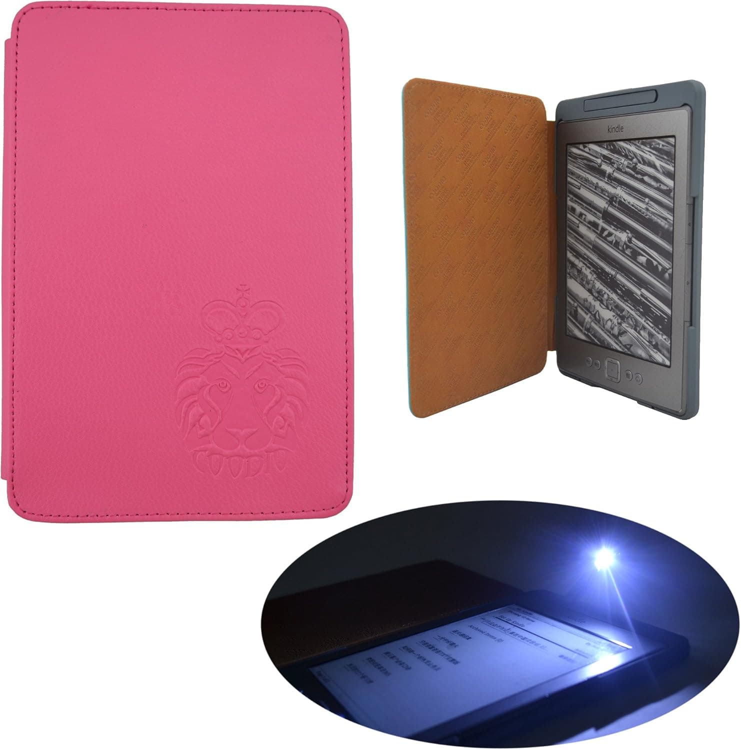 Coodio® Amazon Kindle 4 Lighted Genuine Leather Cover with Built-in-LED Light (Advanced Version) (Kindle 4, Lady Pink)